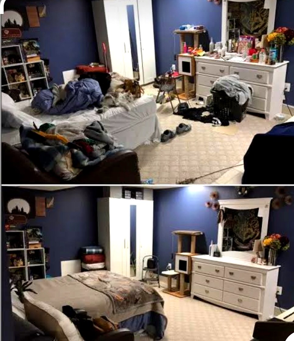 Bedroom before and after cleaning
